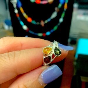 Sterling Silver Ring with Multicolor Amber Stones